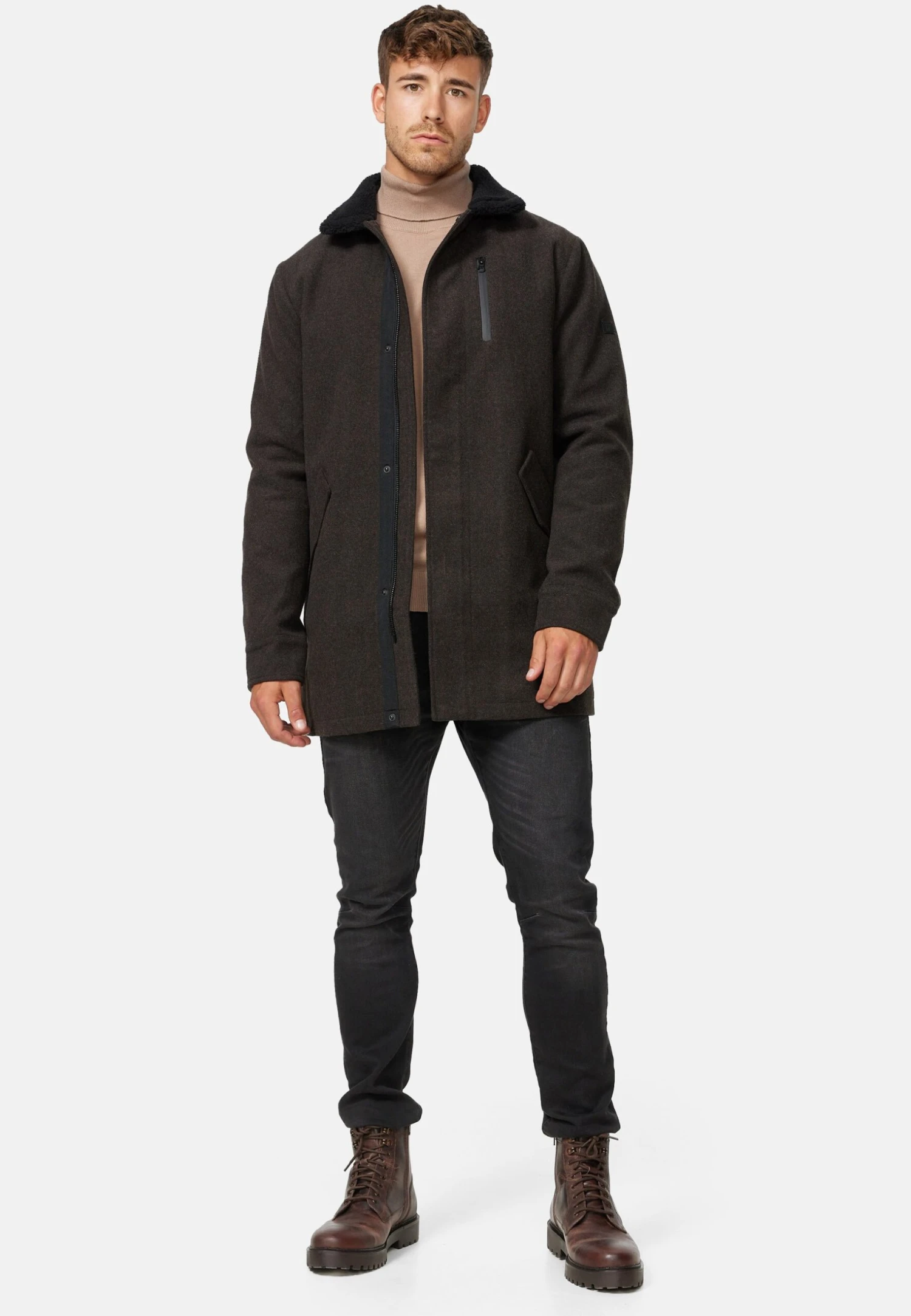 Indicode Jeans Falmo - Halflange Jas - Mini Herringbone Brown