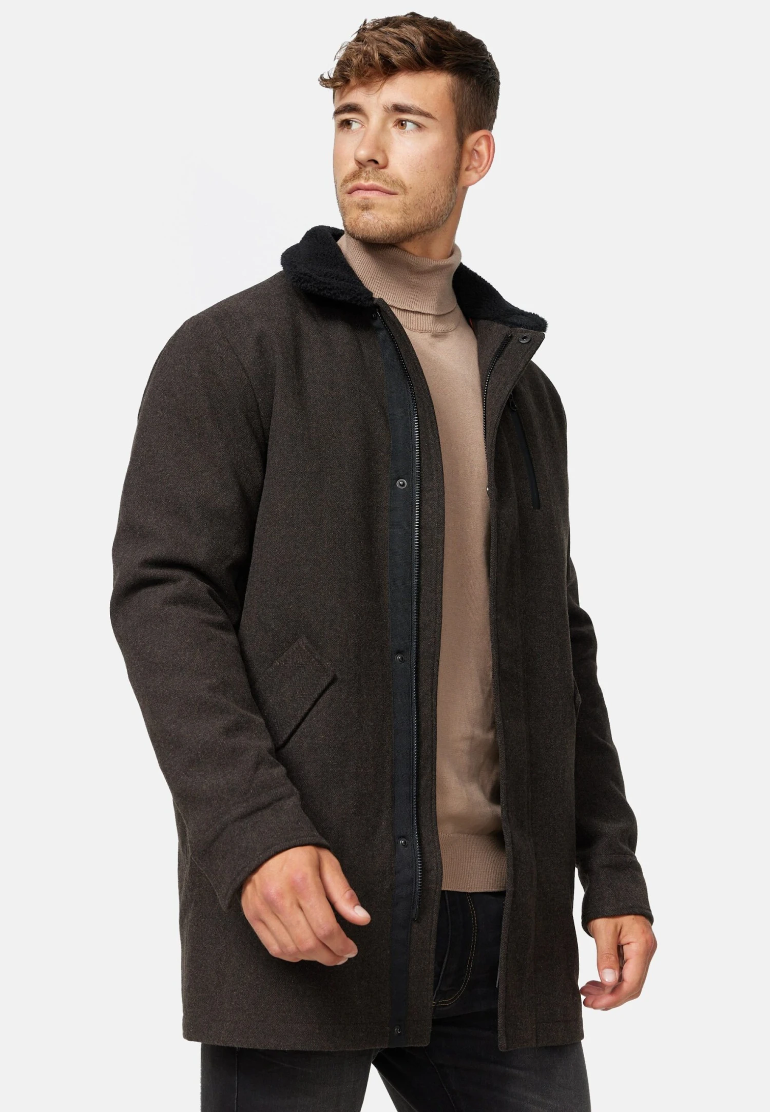 Indicode Jeans Falmo - Halflange Jas - Mini Herringbone Brown - Afbeelding 3